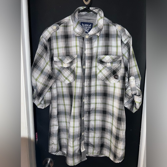 Y2K AKADEMIKS Mens Plaid Button Up Front Shirt Big & Tall 3/4 Sleeve Skate Large - Picture 6 of 13